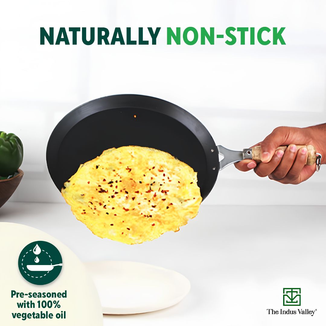 The Indus Valley Natural Cookware Pre-Seasoned Cast Iron Dosa Tawa 25.8 cm - Black_Features 2