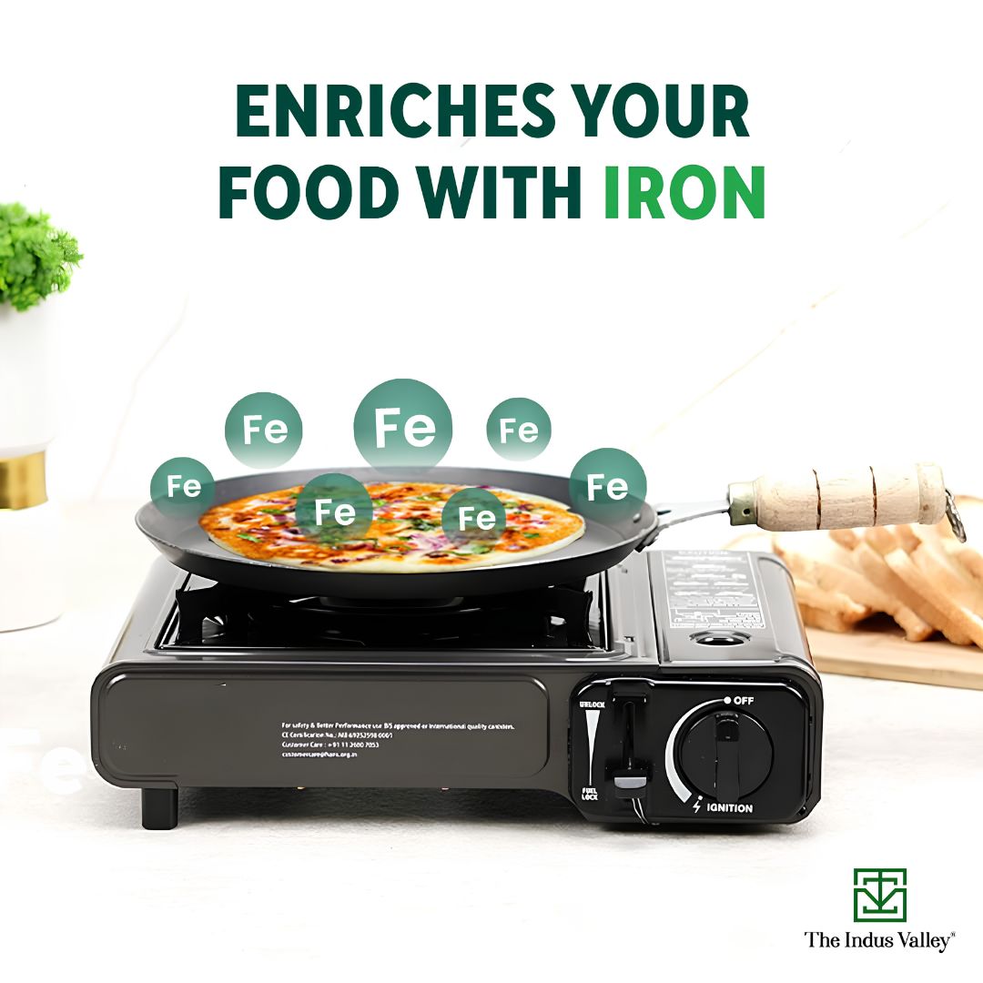 The Indus Valley Natural Cookware Pre-Seasoned Cast Iron Dosa Tawa 25.8 cm - Black_Induction View