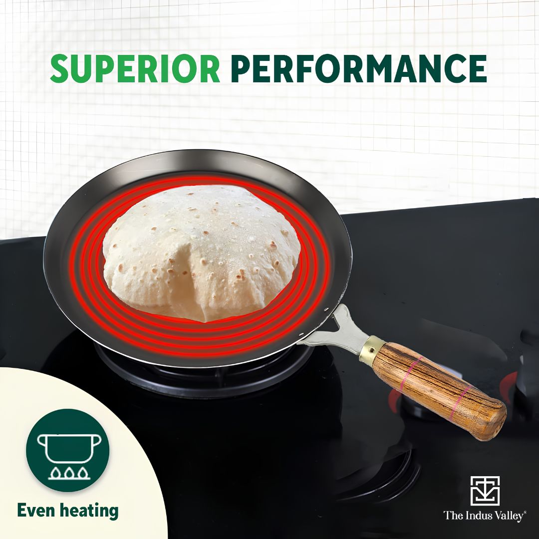 The Indus Valley Natural Cookware Pre-Seasoned Cast Iron Dosa Tawa 25.8 cm - Black_Tawa Heating View