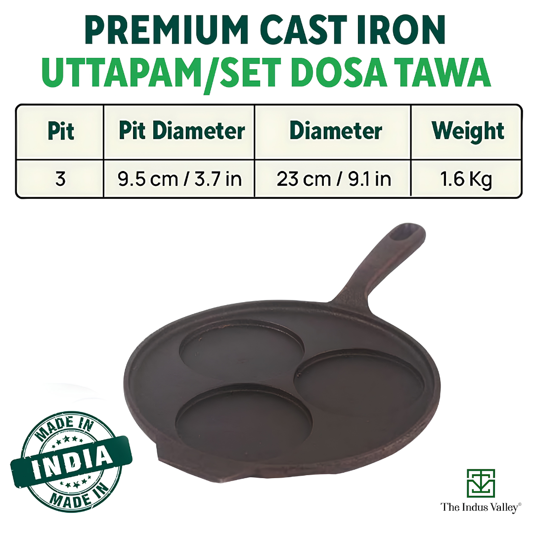 The Indus Valley Natural Cookware Pre-Seasoned Cast Iron Uttapam Tawa 23 cm - Black_Dimensions View