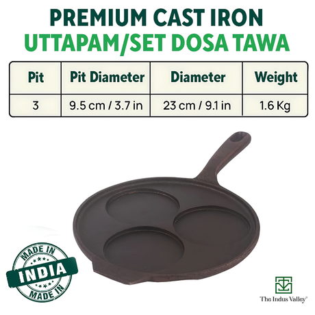 The Indus Valley Natural Cookware Pre-Seasoned Cast Iron Uttapam Tawa 23 cm - Black_Dimensions View