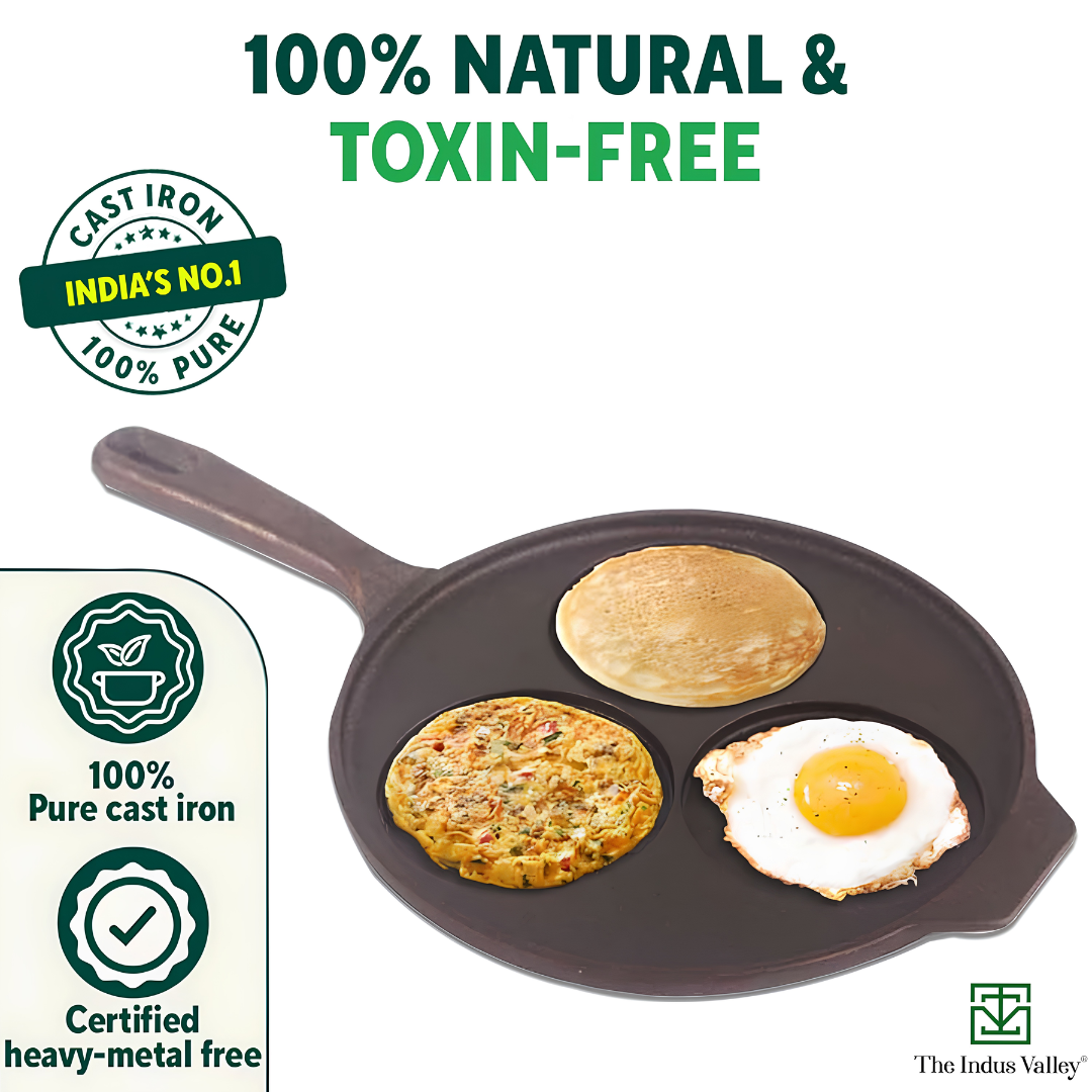The Indus Valley Natural Cookware Pre-Seasoned Cast Iron Uttapam Tawa 23 cm - Black_Features 1