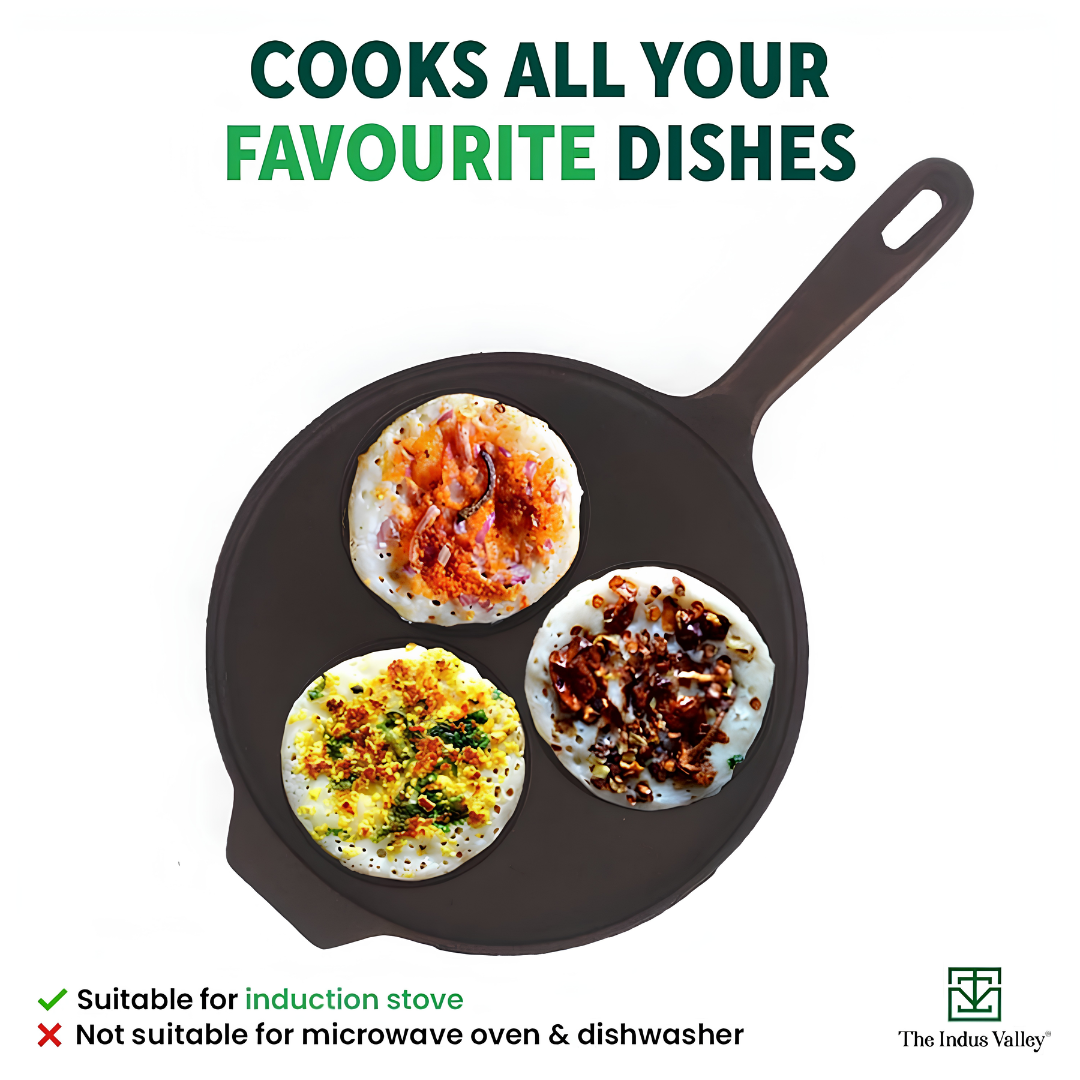 The Indus Valley Natural Cookware Pre-Seasoned Cast Iron Uttapam Tawa 23 cm - Black_Features 3