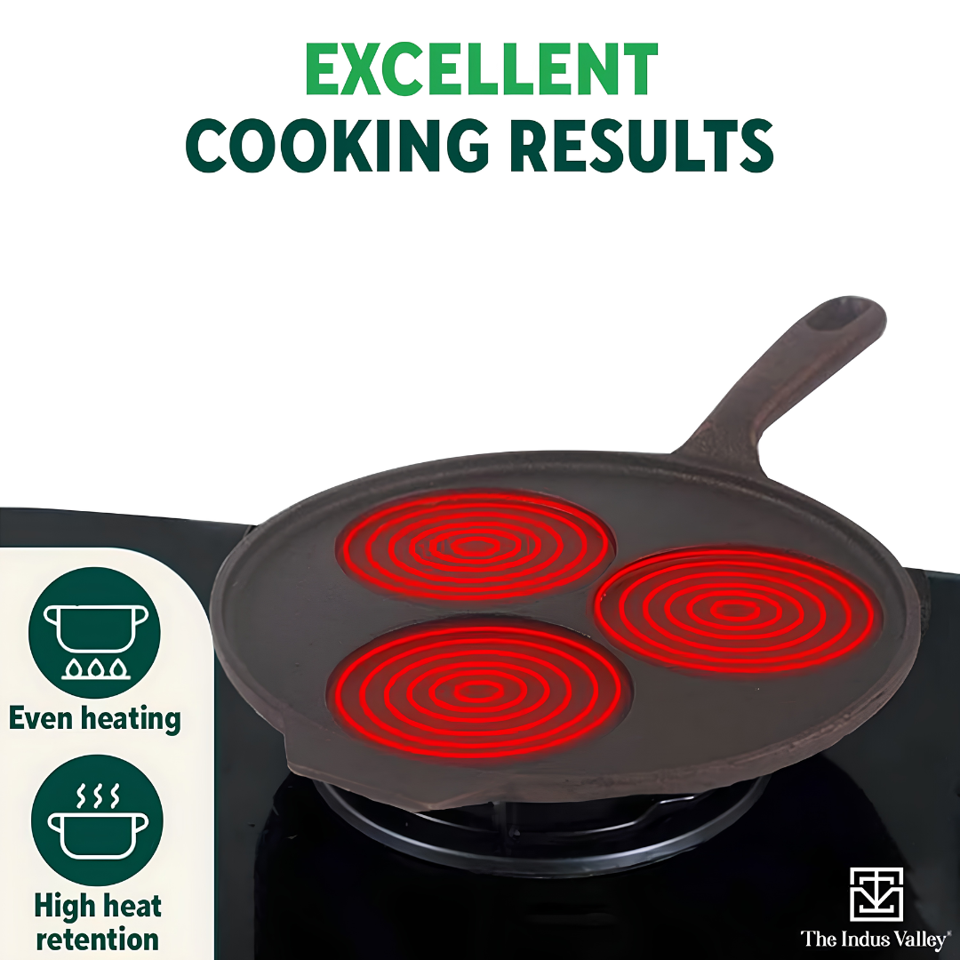 The Indus Valley Natural Cookware Pre-Seasoned Cast Iron Uttapam Tawa 23 cm - Black_Tawa Heating View