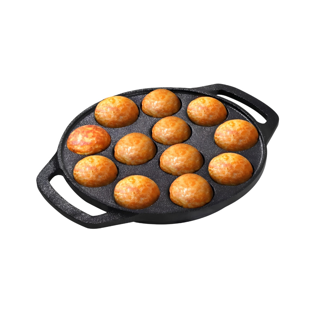 The Indus Valley Super Cast Iron Paniyaram Pan With Loop Handle 12 Pit - Black