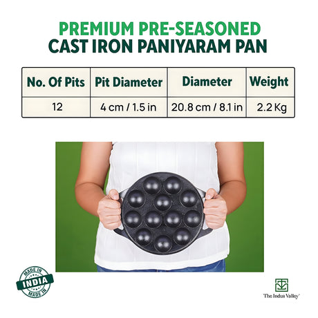 The Indus Valley Super Cast Iron Paniyaram Pan With Loop Handle 12 Pit - Black_2