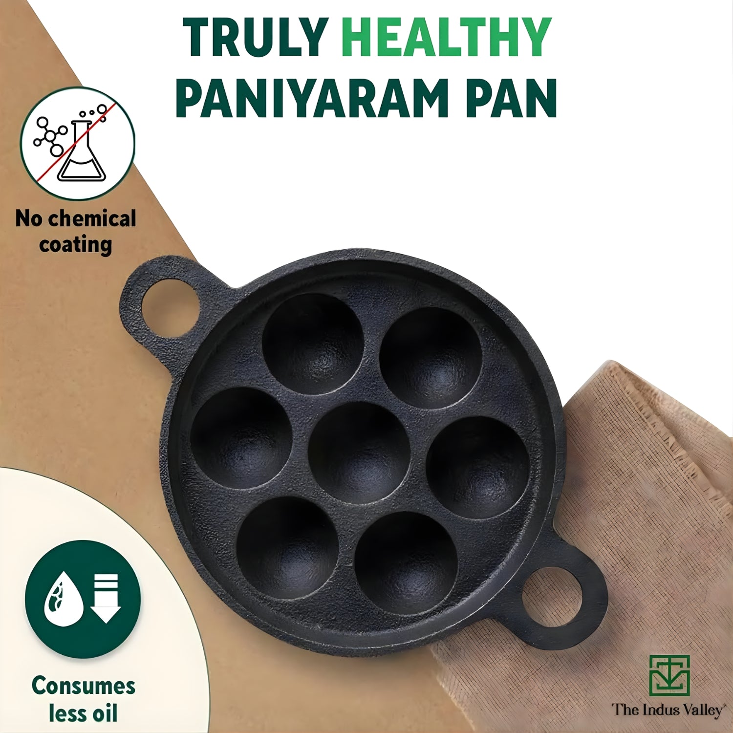 The Indus Valley Super Smooth Cast Iron Paniyaram Pan 7 Pit - Black_4
