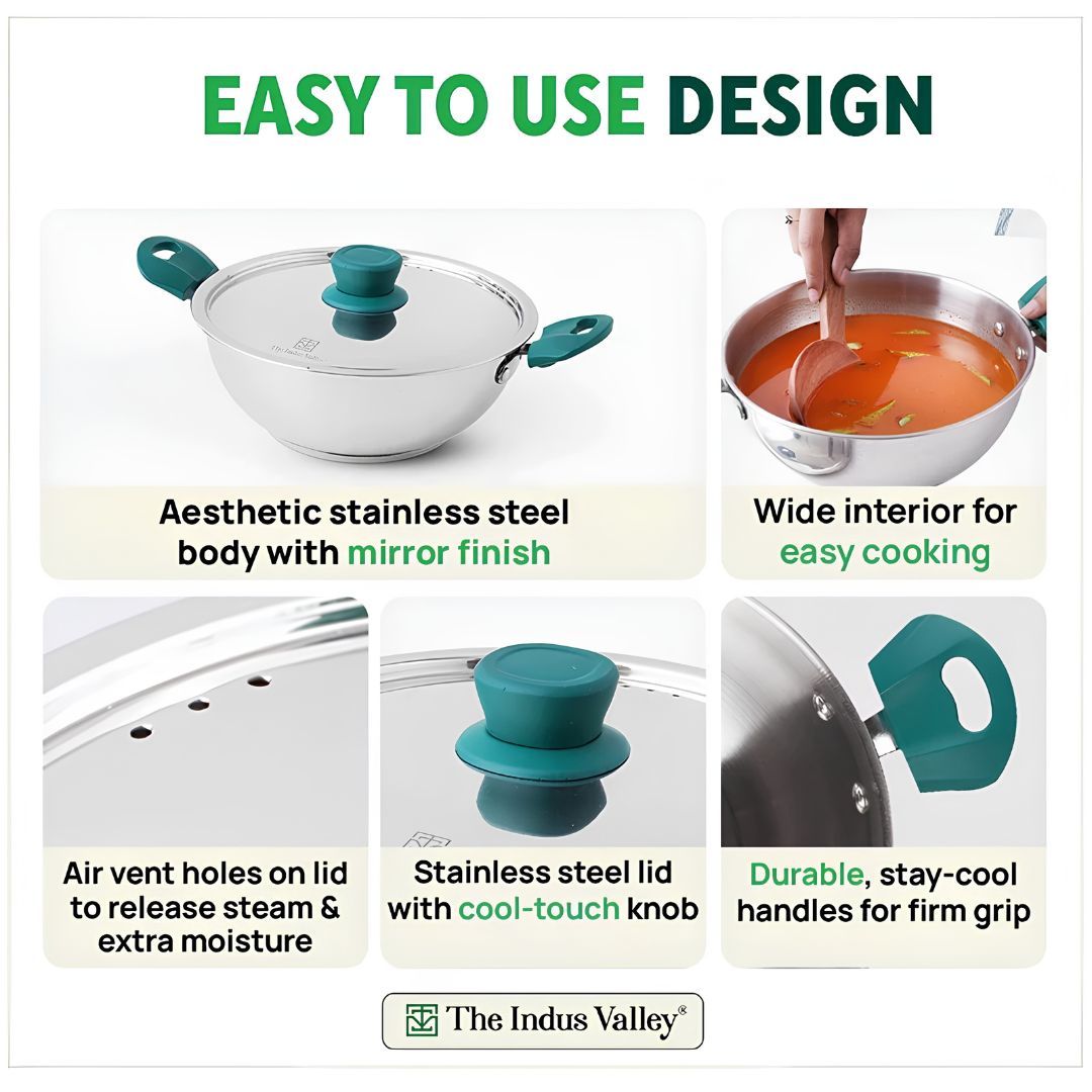 The Indus Valley Triply Stainless Steel Capsule Kadai with SS Lid 28 cm  4.5 L_6