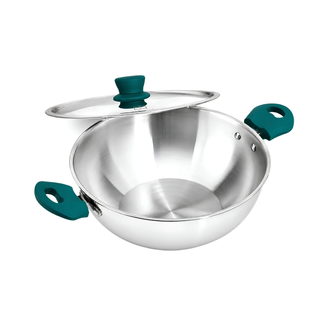 The Indus Valley Triply Stainless Steel Capsule Kadai with SS Lid 28 cm _ 4.5 L_Front View