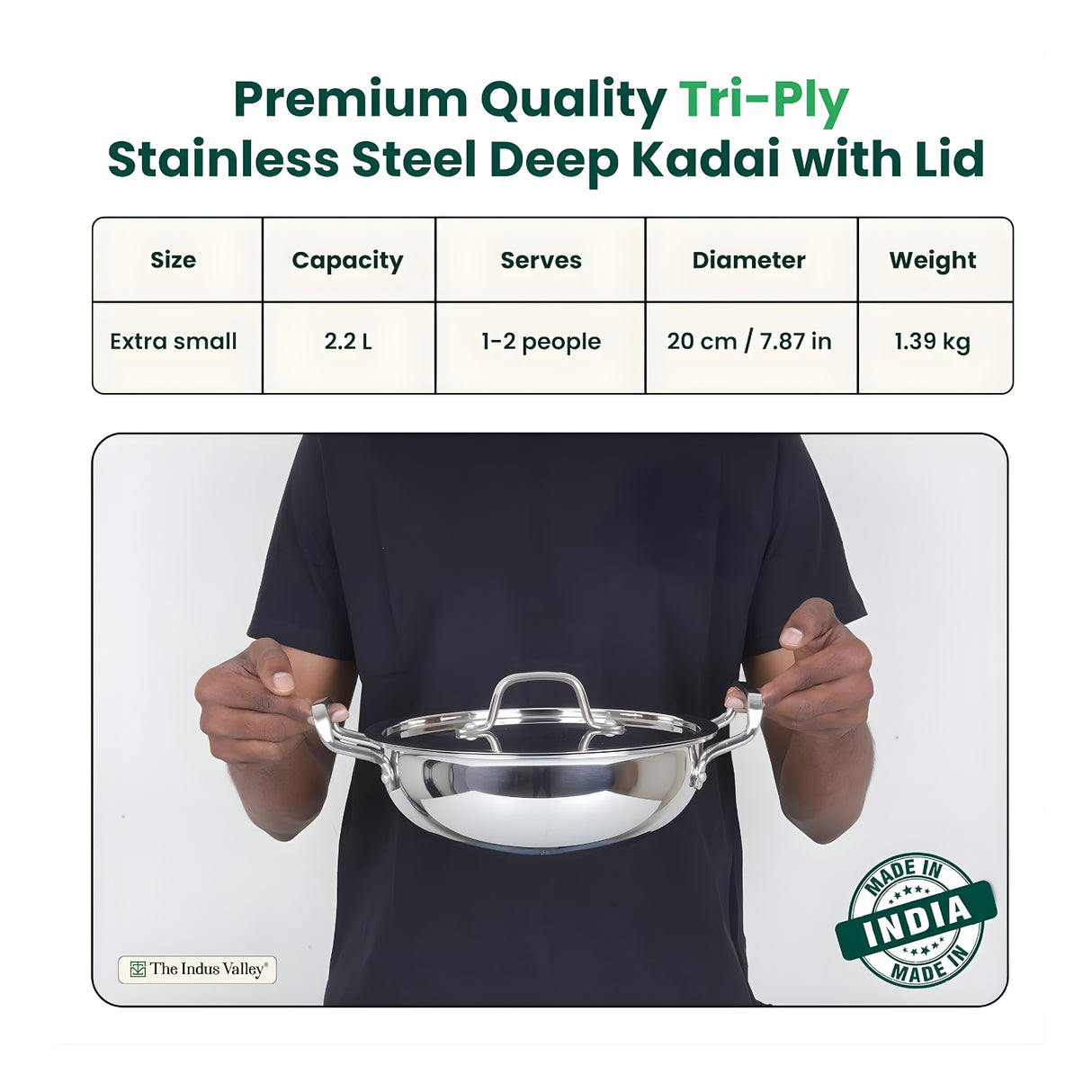 The Indus Valley Triply Stainless Steel Deep Kadai with Lid 20 cm \ 2.2 L_8