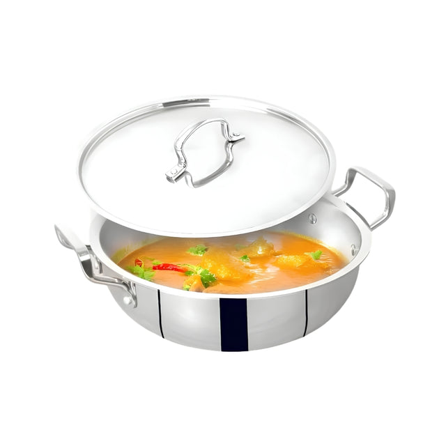 The Indus Valley Triply Stainless Steel Deep Kadai with Lid 20 cm _ 2.2 L_Front View