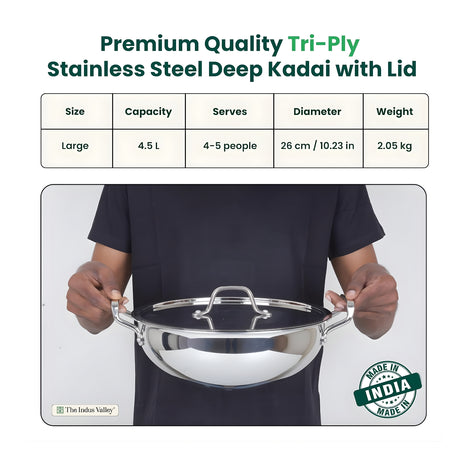 The Indus Valley Triply Stainless Steel Deep Kadai with Lid 26 cm \ 4.5 L_2