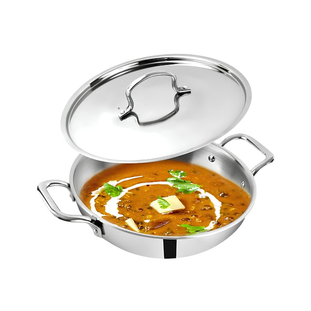 The Indus Valley Triply Stainless Steel Deep Kadai with SS Lid 24 cm _ 3 L_Front View