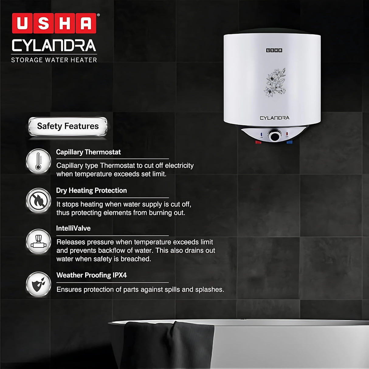 USHA SWH Cylandra Water Heater 10 L – White