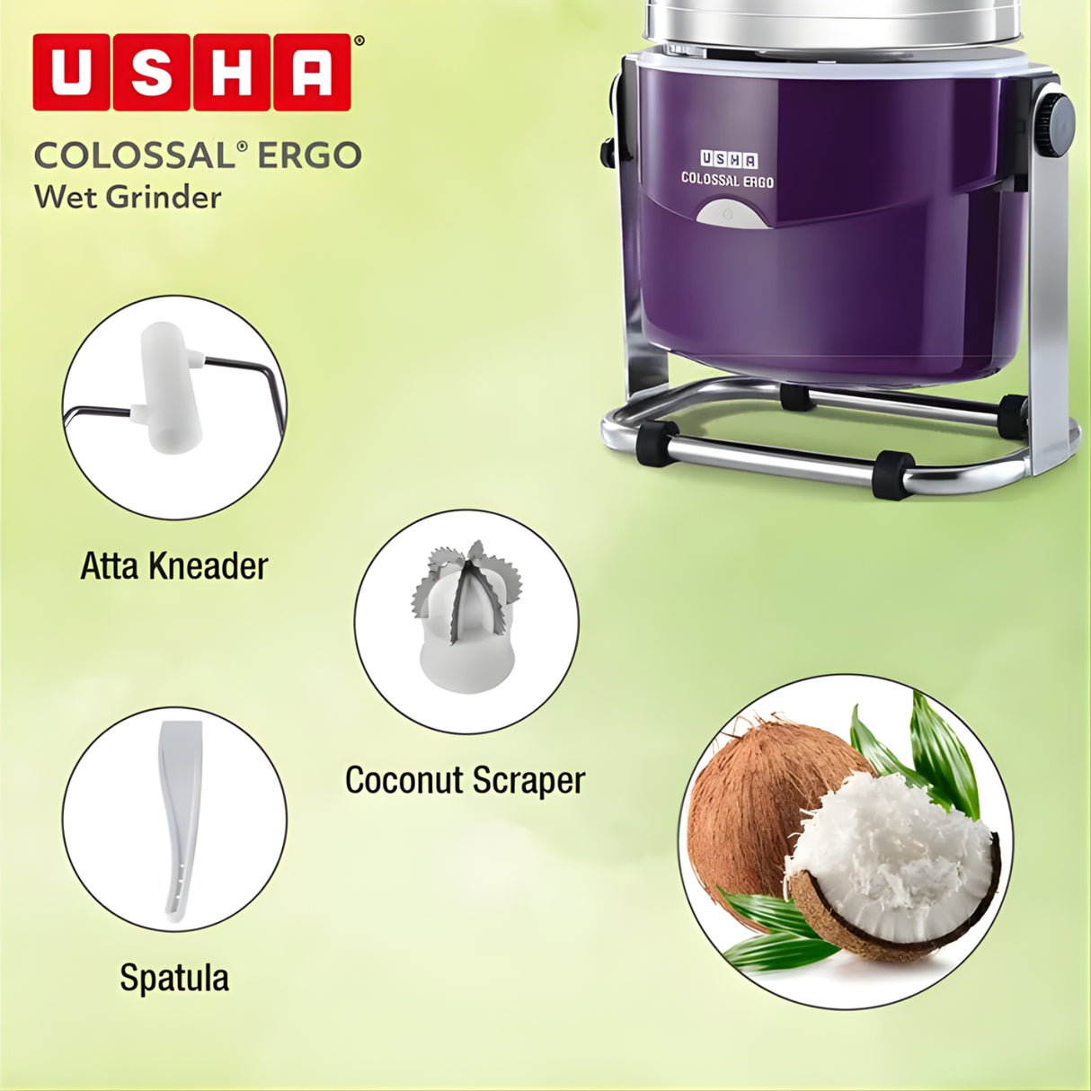 USHA Colossal Ergo 2 L 150 W 2 Stones Wet Grinder with Coconut Scrapper and Atta Kneader - Magenta_4