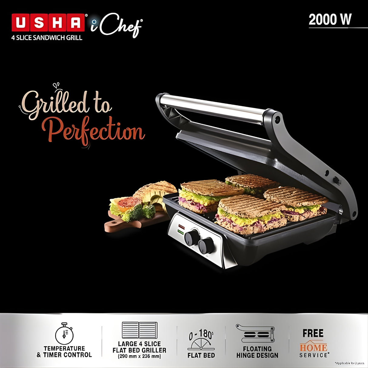 USHA  iChef 4‑Slice 2000 W Stainless Steel Sandwich Grill – Black and Silver_6
