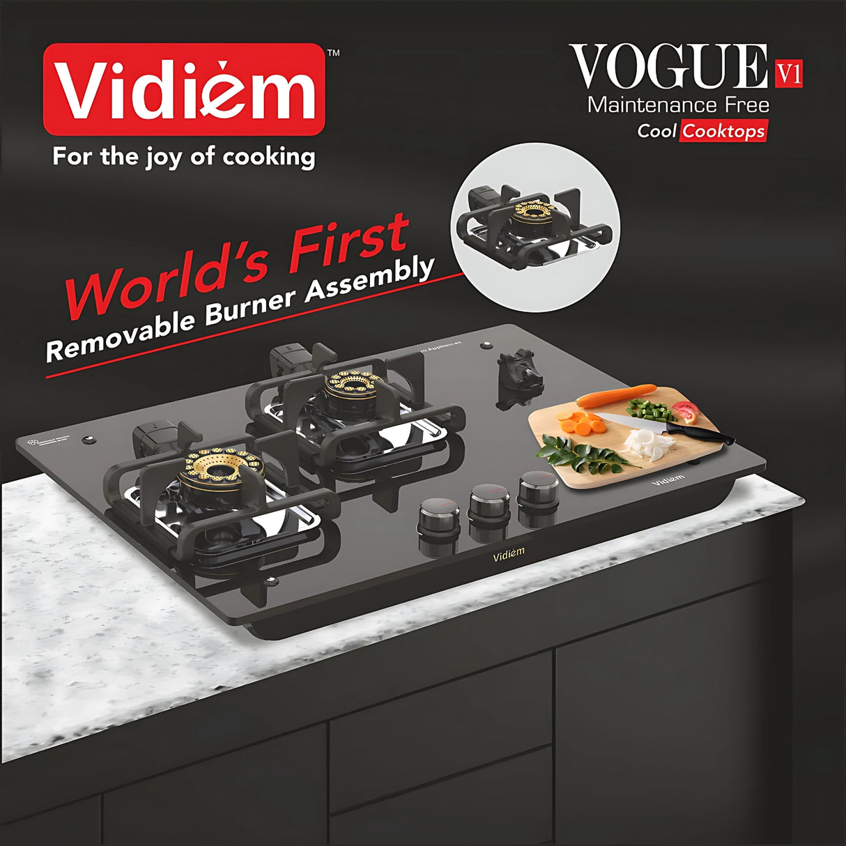 Vidiem Vogue V1 3Burner 10 mm Toughened Glass Burner Gas Cooktop - Black_4