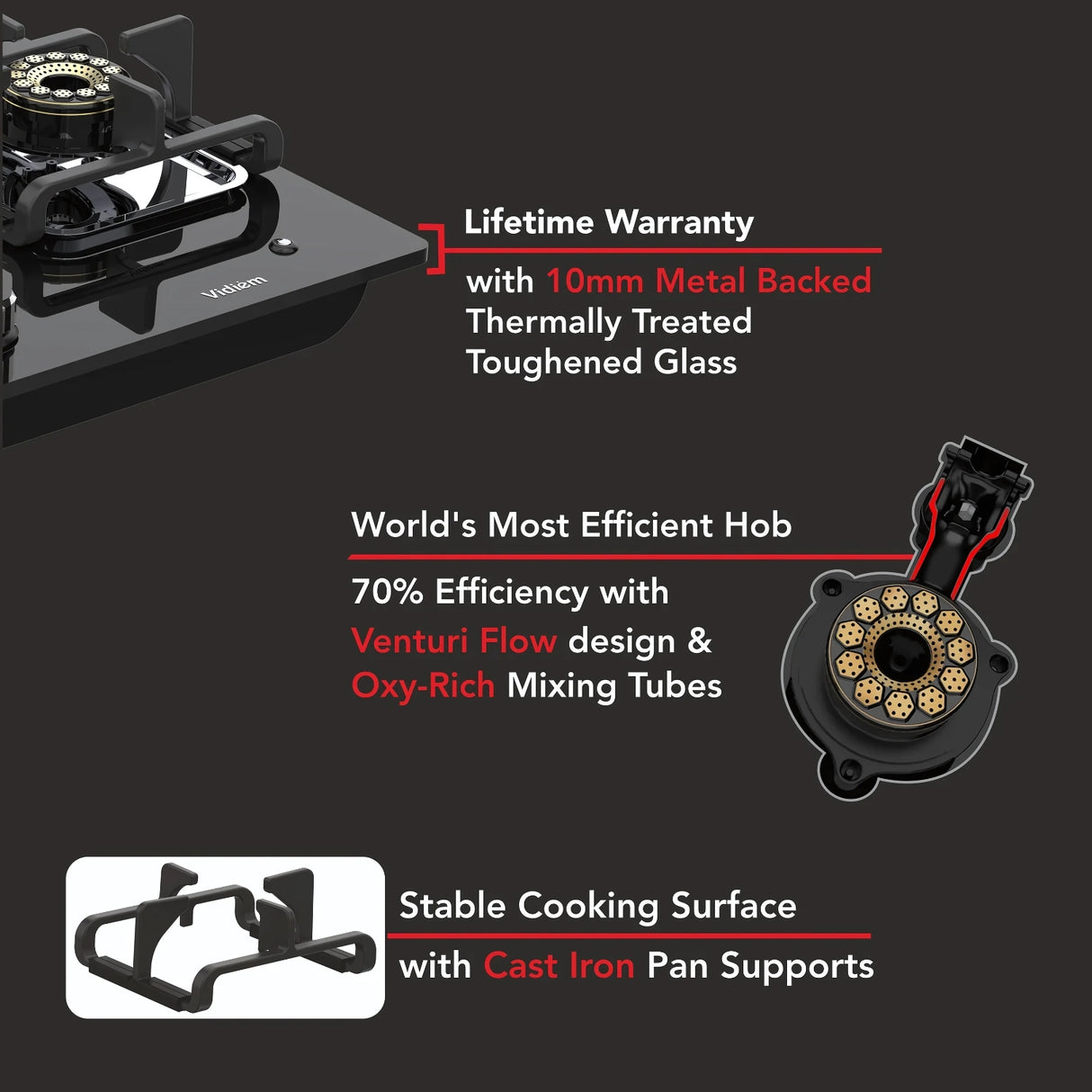 Vidiem Vogue V1 3Burner 10 mm Toughened Glass Burner Gas Cooktop - Black_6