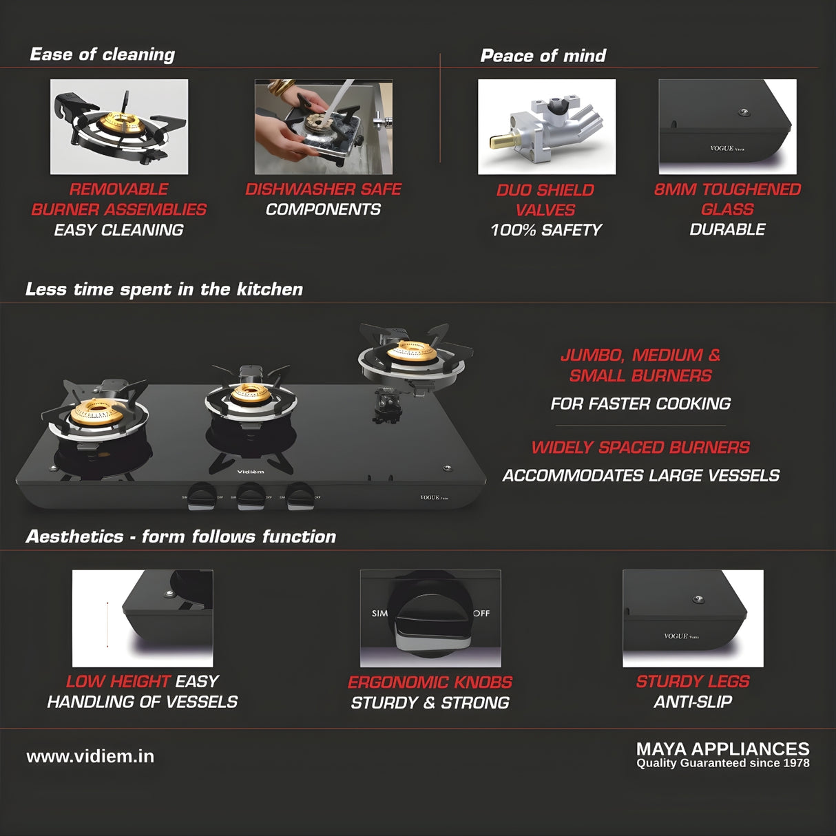 Vidiem Vogue Vesta 3-Burner Glass Top Gas Stove – Black_4
