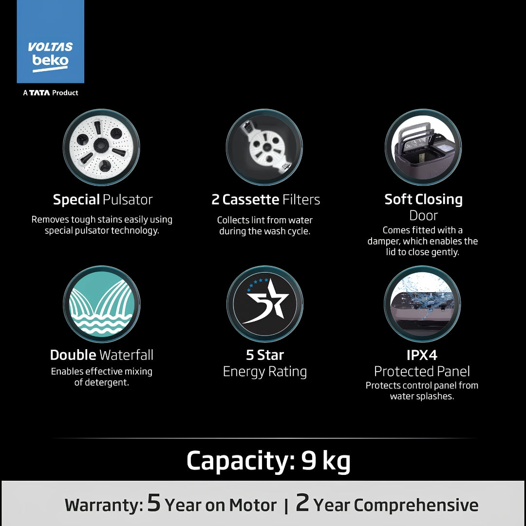 Voltas Beko  9 Kg  Semi Automatic  Top Load Washing Machine  WTT90UDXBKGR4KGTD2