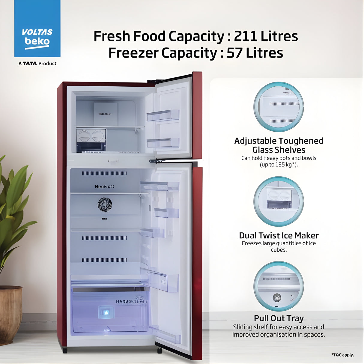 Voltas Beko RFF315D WPV300RMWD 1100935  268L 2-Star Frost-Free Double Door Refrigerator - Moonlight Wine_4