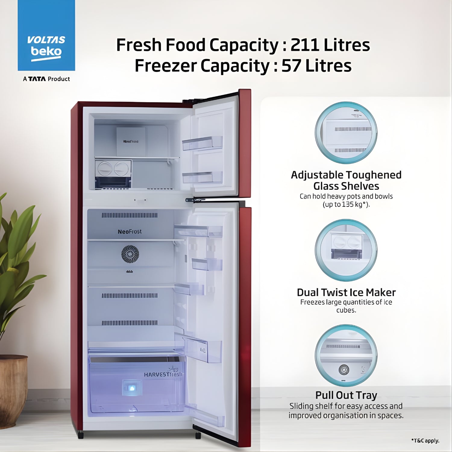 Voltas Beko RFF315D WPV300RMWD 1100935  268L 2-Star Frost-Free Double Door Refrigerator - Moonlight Wine_4