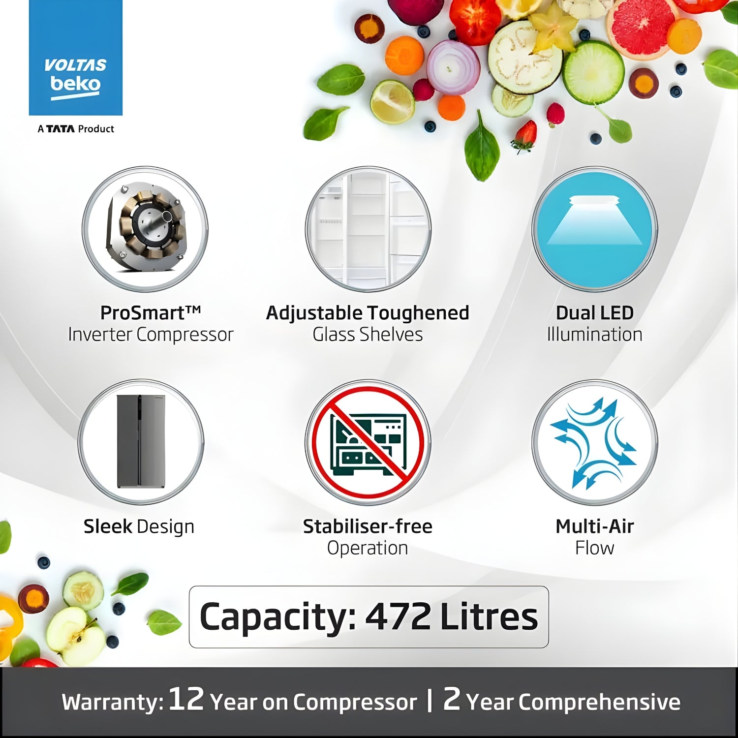 Voltas Beko RSB495/FPV300RXID 1101019 4 Star 472 L Side by Side Refrigerator – Inox Steel_3