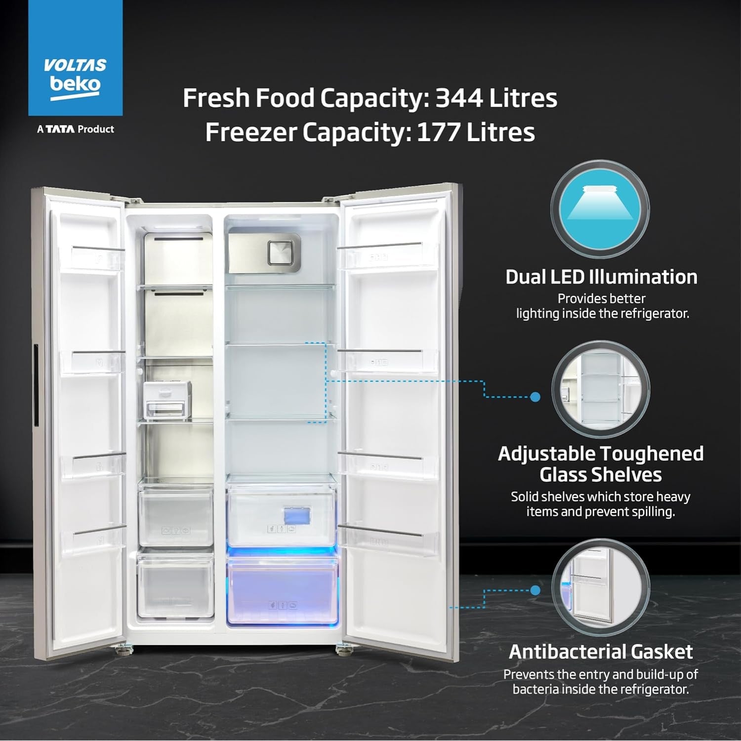 Voltas Beko RSB585/FPV300RXID 1101020 4 Star  563 L Side by Side Refrigerator – Inox Steel_7