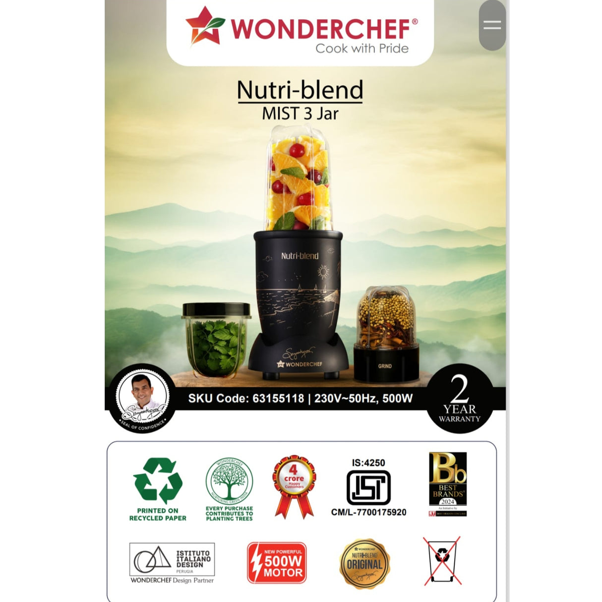 Wonderchef 500 W Nutri-blend 2 Unbreakable Jars + Sipper Jar Mixer Grinder – Black
