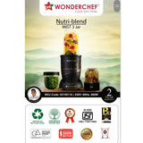 Wonderchef 500 W Nutri-blend 2 Unbreakable Jars + Sipper Jar Mixer Grinder – Black