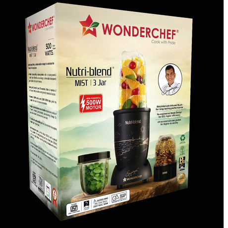 Wonderchef 500 W Nutri-blend 2 Unbreakable Jars + Sipper Jar Mixer Grinder – Black