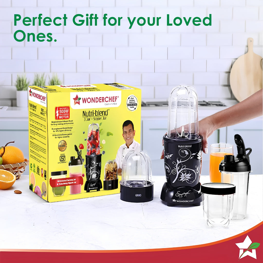 Wonderchef 500 W Nutri-blend 2 Unbreakable Jars + Sipper Jar Mixer Grinder – Black