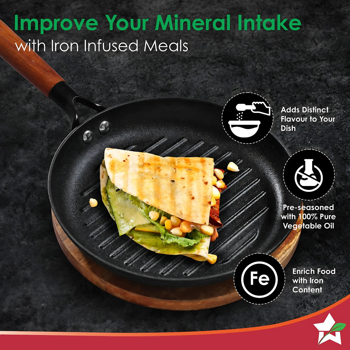 Wonderchef Ferro Round Cast Iron Grill Pan 24 cm - Black