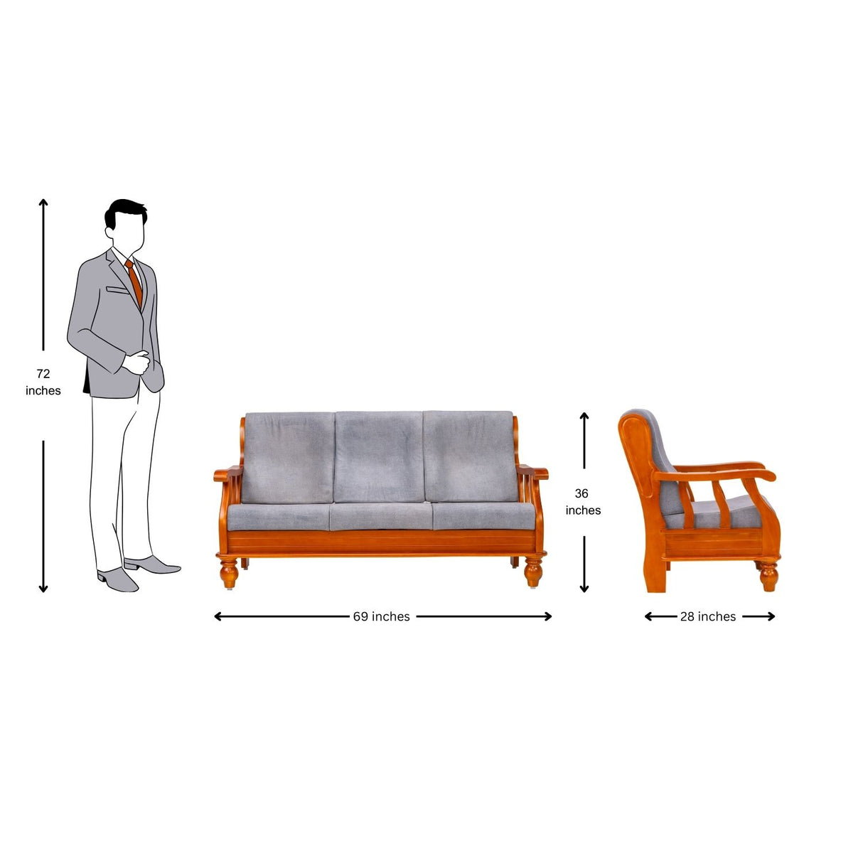 Denver Pro Luxe Wooden Sofa 3 Seater - Teak Finish